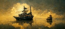 Pirate Ship. Sunset. Golden Sunrise. 