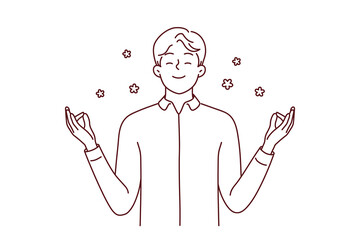 Happy young man with mudra hands meditate relieve negative emotions. Smiling calm male practice yoga think positive. Mental health concept. Vector illustration. 