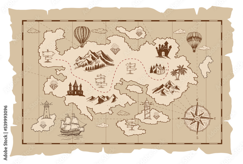 Old treasure map vector sketch. Hand drawn illustrations, vector. Stock ...