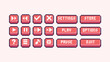 © SickleMoon - Interface menu buttons pixel art set. Menu panel collection. Play, pause, store, settings, options, quit. 8 bit sprite. Game development, mobile app. Isolated vector illustration.