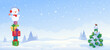 Funny snowman with gift tower and Christmas tree, panoramic banner