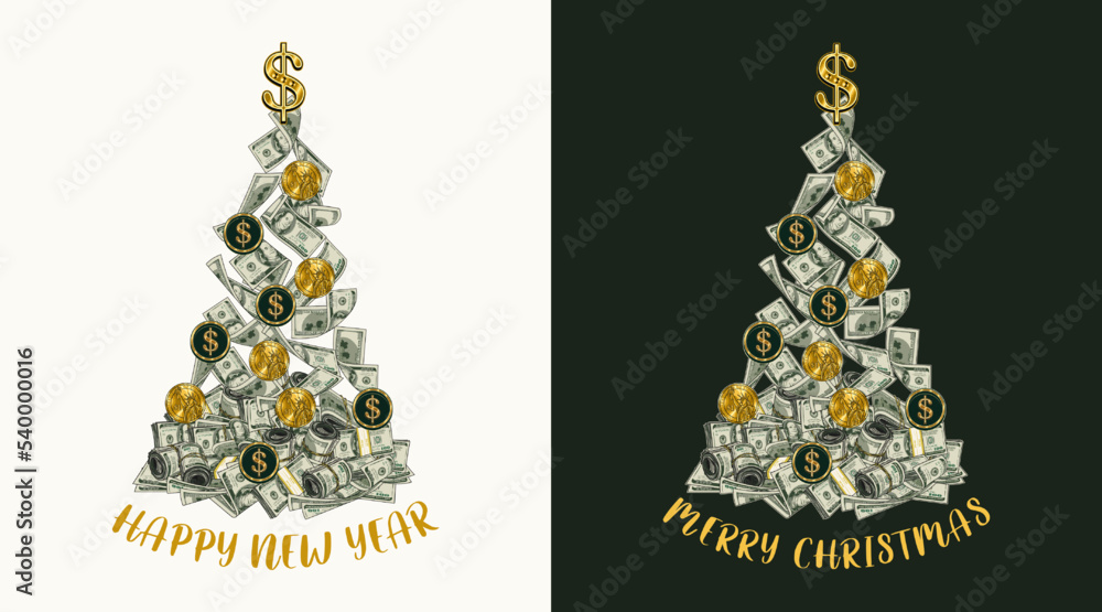 Money Christmas tree made of falling 100 dollar banknotes into heap of money.  Pile of cash money. Color isolated vector illustration in vintage style.  Stock Vector | Adobe Stock