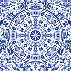 Poster - Scandinavian folk art vector mandala design with flowers and birds - greeting card or seamless pattern
