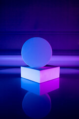 
geometric podium in neon vibrant purple and blue lighting. place for the product. place for text. minimalistic stylish concep
