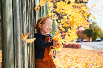 Wall Mural - Adorable two years old girl enjoying nice and sunny autumn day outdoors