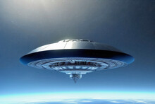 Closeup Of Fantasy Metalic Ufo Alien Space Ship Flying In Space