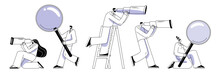 Characters With A Telescope And A Magnifying Glass Are Looking For Something. Vector Illustration In A Outline Style On The Topic Of Searching For Information From Various Sources.
