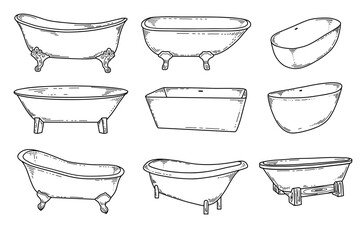 Hand-drawn bathtub, different angles and styles. Simple doodle sketch style. Vector illustration.