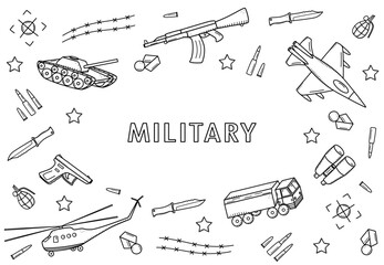 Military doodle icons. Vector illustration of a set of military equipment, army items.