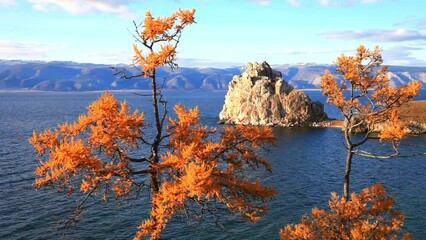 Wall Mural - Baikal Lake in autumn sunny day. View of natural landmark of Olkhon Island - famous Shamanka Rock or Cape Burkhan at sunset against backdrop of bright yellow larch trees.  Autumn travel and outdoors