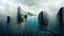 Wet Stones With Water In Rain And Delicate Graphic Element In Fine Detail As Panorama Background