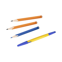 Sticker - Pen and pencils for school or office vector illustration. School supplies, cartoon drawing of yellow pen with blue top, wooden pencils isolated on white background. Back to school, education concept