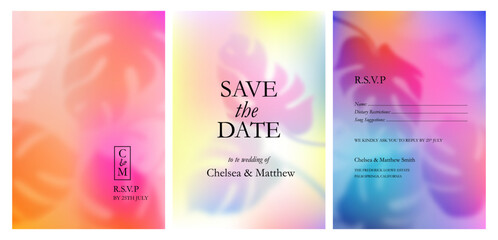 Aufkleber - Bright Tropical Gradient Backgrounds Set. Vector Wedding Invitations. Save the Date Greeting Cards. Abstract Bg with Tropical Elements Overlay. Blurred Monstera Leaves