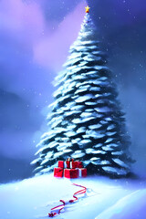 Wall Mural - a magical christmas tree with decoration stuck in the ground with gift's halfway up a snowy mountain - digital art