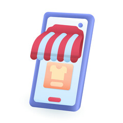 Sticker - Smartphone with shop awning and clothes symbol on screen 3D icon. Mobile application or internet clothing store 3D vector illustration on white background. Online shopping, technology, fashion concept