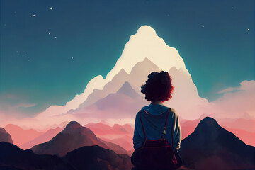 Wall Mural - Anime girl looking at the mountains. Manga drawing of a character looking at nature scenery. Cartoon woman being emotional. Backpacker in love. Girl travelling. Sad depressed, romantic relationship