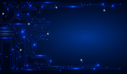 Fototapete - Circuit Board Technology Cyber Space Concept Vector Background. Abstract Futuristic Dark Blue Scifi PCB Line Illustration.