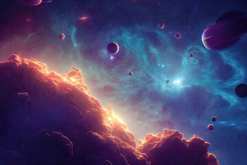Wall Mural - space digital artwork. surreal fantasy cosmos. nebula with planets and stars. sci-fi elements. glowi