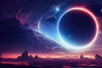Wall Mural - space digital artwork. surreal fantasy cosmos. nebula with planets and stars. sci-fi elements. glowi