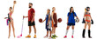 Team of professional sportsmen in sports uniform over white background. Floorball, gymnastics, basketball players and kickboxer. Ad, sport life concept