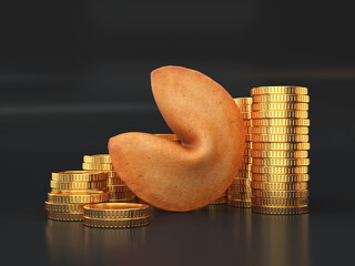 Wall Mural - Fortune cookies and a stack of gold coins on a black background, 3d render