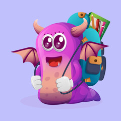 Wall Mural - Cute purple monster carrying a schoolbag, backpack, back to school