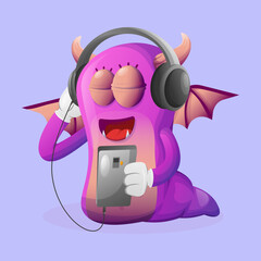 Wall Mural - Cute purple monster listening music on a smartphone using a headphone