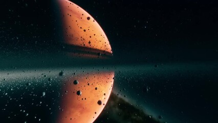 Wall Mural - 3d animated alien exoplanet with rings of asteroids and with a red surface
