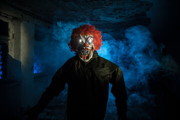 closeup of a scary evil clown with red hair and white eyes, staring at the observer, with a red balloon in front of him, against a black background