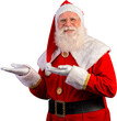 Santa Claus on transparent background. Presenting or pointing product or logo. PNG
