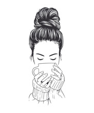 Beautiful Woman In Sweater Enjoying A Cup Of Coffee. Vector Line Art Illustration