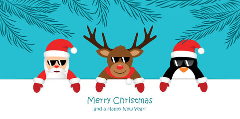 Sticker - cute santa reindeer and penguin with sunglasses under fir branches