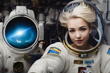 Astronaut female takes a selfie on orbital station with Artificial inteligence quantum computer core.Space IT job and tourism development.Illustration, digital painting