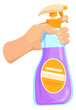 Cleaning spray in human hand. Cartoon detergent bottle