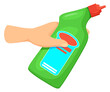 Hand hold detergent bottle. Cleaning liquid cartoon icon