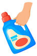 Hand hold laundry detergent. Housekeeping cartoon icon