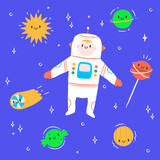 Fototapeta  - Little boy is an cosmonaut in space among the stars. Vector hand draw illustration in small style.Astronaut, Earth, saturn, moon, comet, constellation and stars. Adorable boy illustration in the child