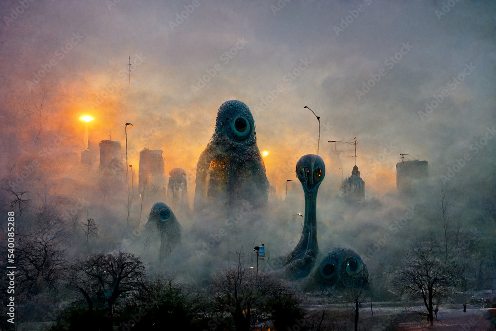 Post apocalyptic world ruled by aliens. Futuristic fantasy. Horrible alien monsters invaded our planet. In the park, at sunrise with fog. Alien landscape