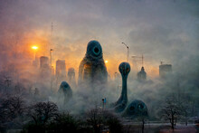 Post Apocalyptic World Ruled By Aliens. Futuristic Fantasy. Horrible Alien Monsters Invaded Our Planet. In The Park, At Sunrise With Fog. Alien Landscape