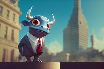 Wall Mural - 3D rendered Wall Street Bull with cute kawaii look like modern animation. Computer generated anthropomorphized bull to symbolize stock markets going up