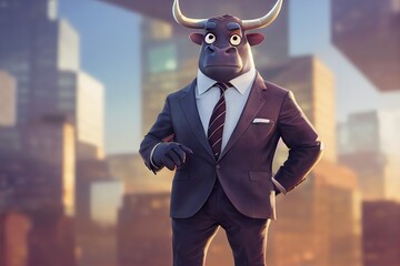 Wall Mural - 3D rendered Wall Street Bull with cute kawaii look like modern animation. Computer generated anthropomorphized bull to symbolize stock markets going up