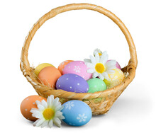 Easter Basket Filled With Colorful Eggs On A White Background