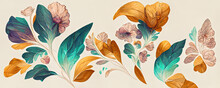 Spectacular Pastel Template Of Flower Designs With Leaves And Petals. Natural Blossom Artwork Features With Multicolor And Shapes. Digital Art 3D Illustration.