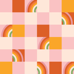 70s retro seamless pattern with groovy trippy grid. Checkered background with rainbow. Hippie abstract aesthetic. Vintage vector for wrapping paper, background, packaging etc.