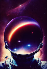 Wall Mural - illustration of a galaxy reflected on an astronaut's helmet. a space cosmic background of supernova 