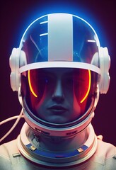 Wall Mural - Portrait of an fictional astronaut in neon light in a spacesuit. High-tech astronaut from the future. The concept of space travel. . Generative AI
