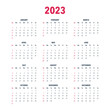 © yalcinsonat - Calendar year 2023 vector illustration template in black and white colors. The week starts on Sunday. Sunday in red. Vector