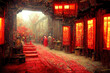 Fantasy digital illustration of chinese  evening cityscape scene, chinese lantern lights. Digital art, printable art work