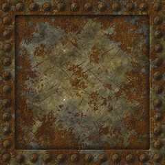 Rusty riveted square metal panel seamless texture, detailed grungy metal. Detailed rust, dirt and scratches, realistic metallic look