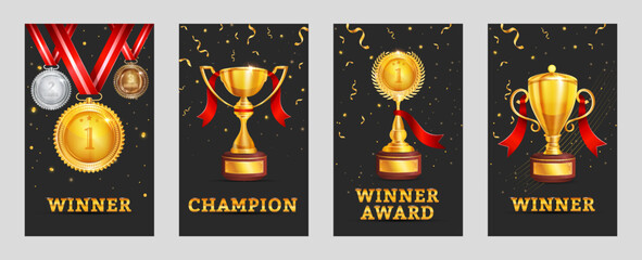 champion trophy set gold - championship winner trophy, gold medal award - set of gold laurel wreath 